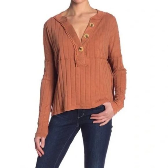 Free People Tops - Free People In the Mix Henley Ribbed Long Sleeve Shirt in Horizon Orange sz S
